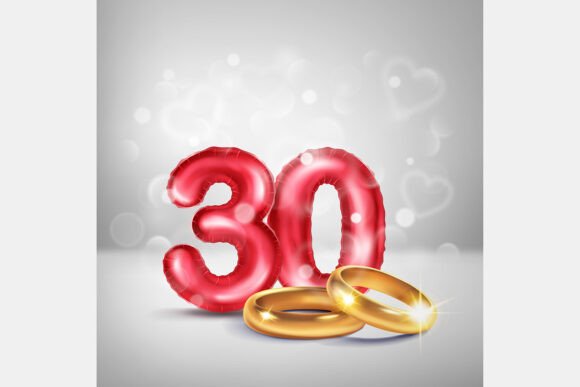 Celebrate 30 Years: The Red Number 30 and Gold Wedding Rings Design