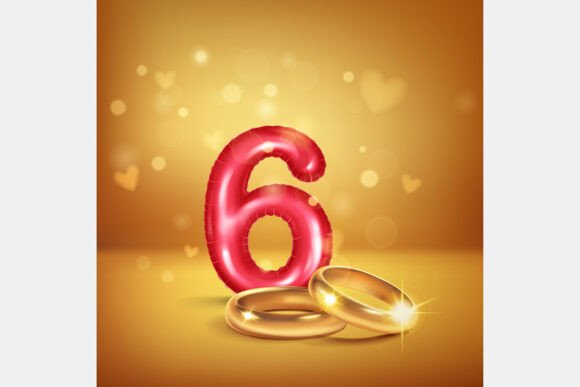 Celebrate Milestones: Red Number 6 and Gold Wedding Rings Design