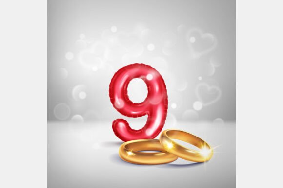 Celebrate Milestones: Red Number 9 and Gold Wedding Rings Design Asset