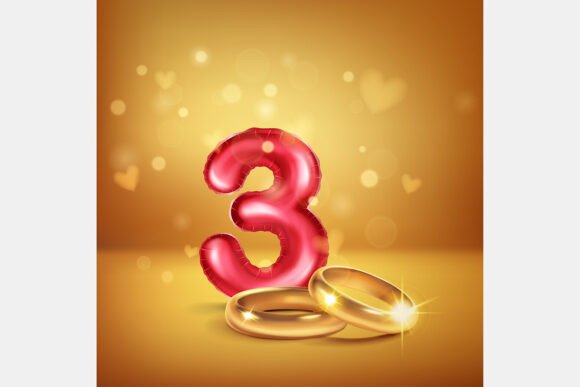 Celebrate Three Years with Red Number 3 and Gold Wedding Rings