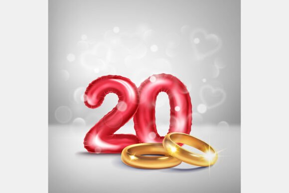 Celebrate Two Decades: The Red Number 20 and Gold Wedding Rings Asset