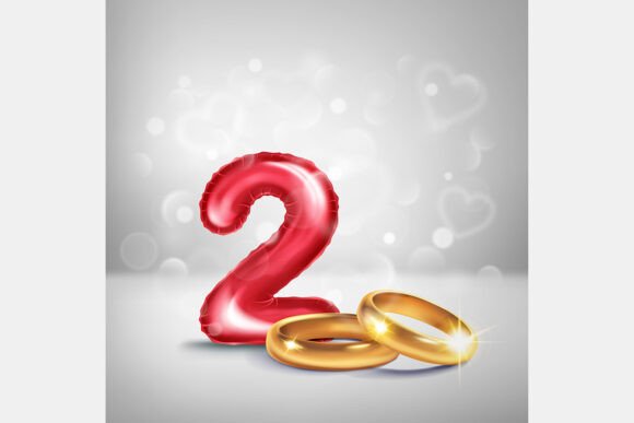 Celebrate Your Second Anniversary: Red Number 2 and Gold Wedding Rings