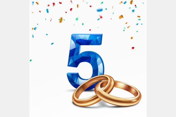 Celebrating Five Years: The Blue Number 5 and Golden Wedding Rings Design