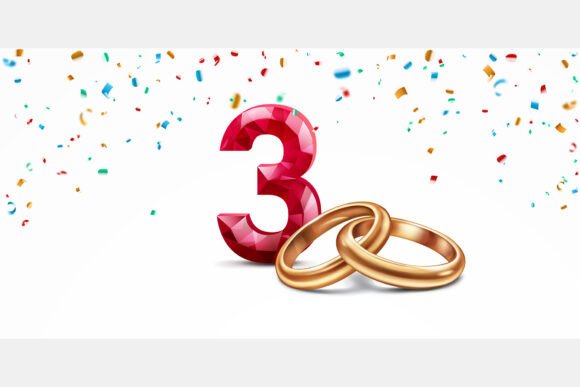 Celebrating Three Years: The Red Number 3 and Golden Wedding Rings