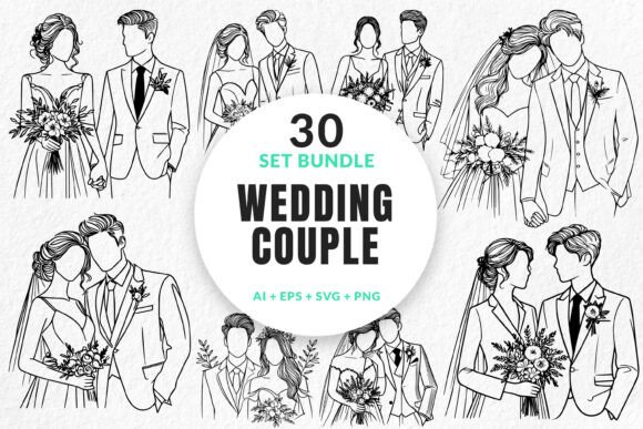Creative Projects with 30 Bundle Line Art Wedding Couple Photo