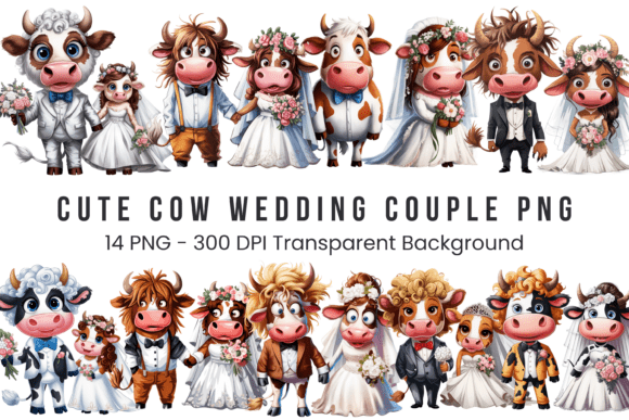 Cute Cow Wedding Couple PNG Bundle for Charming Designs